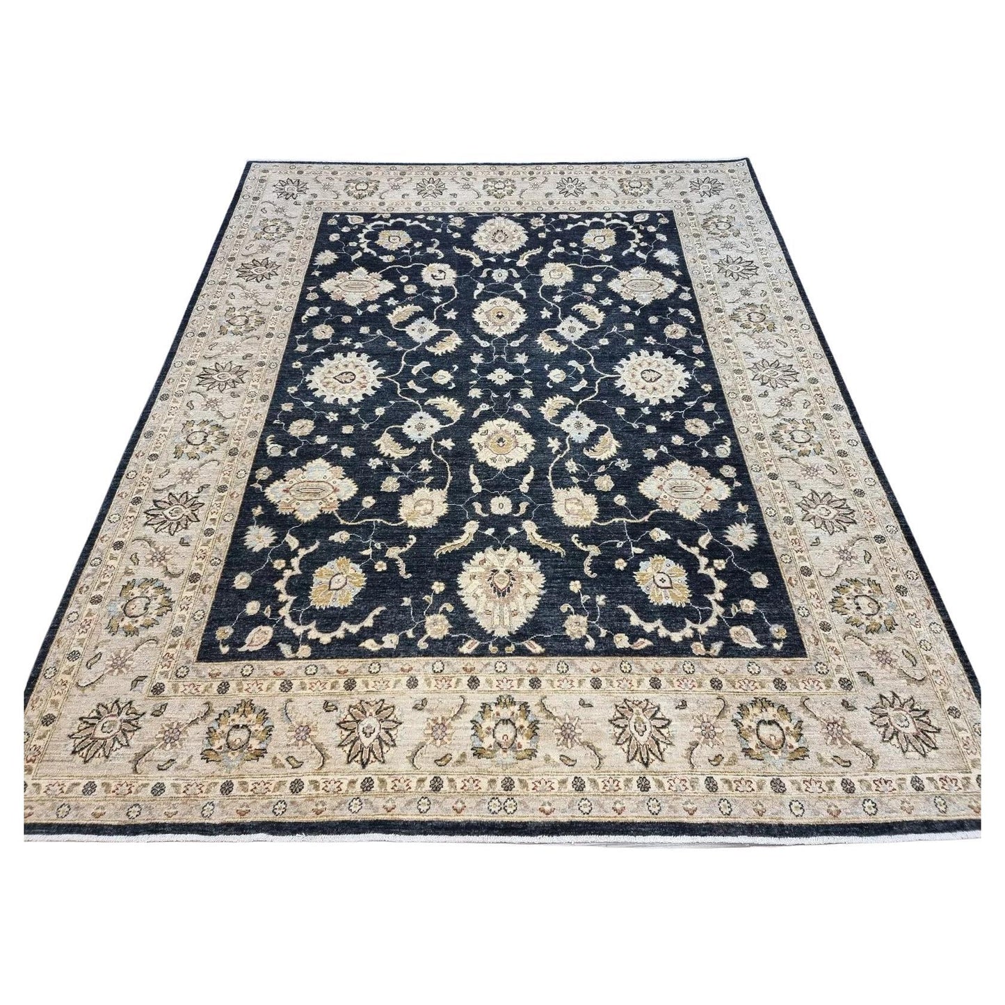 Full top view of the large vintage Afghan Zigler rug showing the complete all-over floral pattern.

