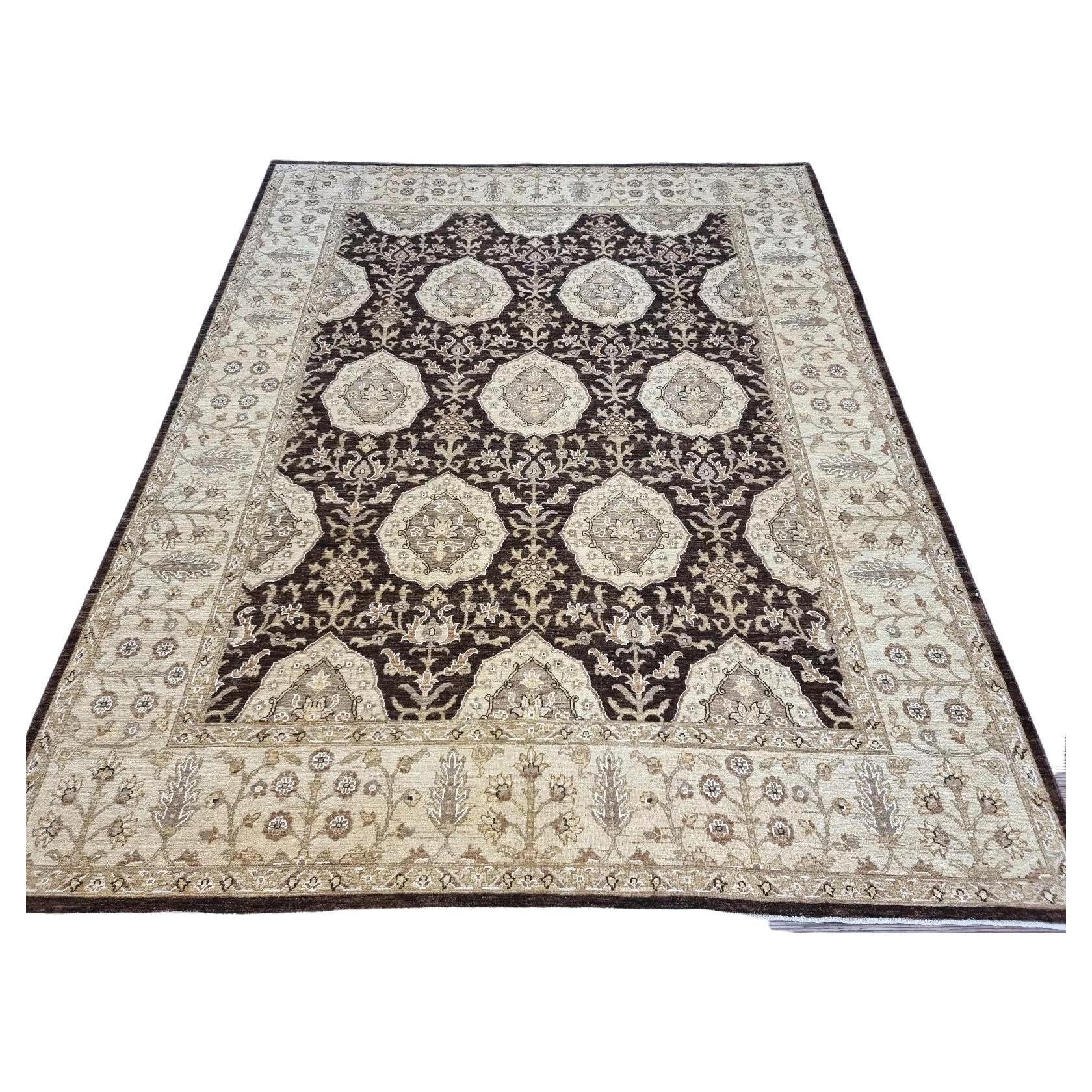 Full top view of the large vintage Afghan Zigler rug showing the complete all-over floral pattern.

