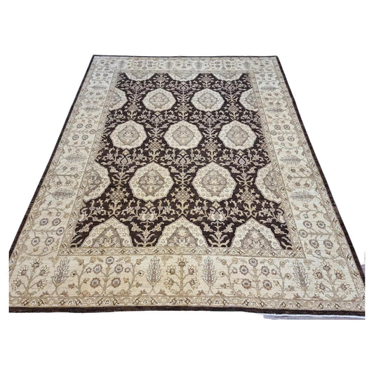 Full top view of the large vintage Afghan Zigler rug showing the complete all-over floral pattern.

