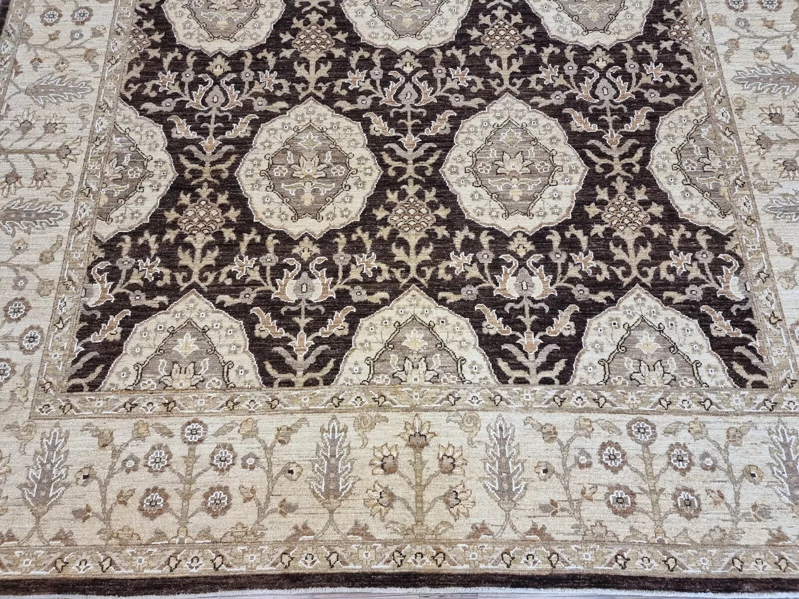 Detail of the warm, neutral background color and the wool's textured surface.

