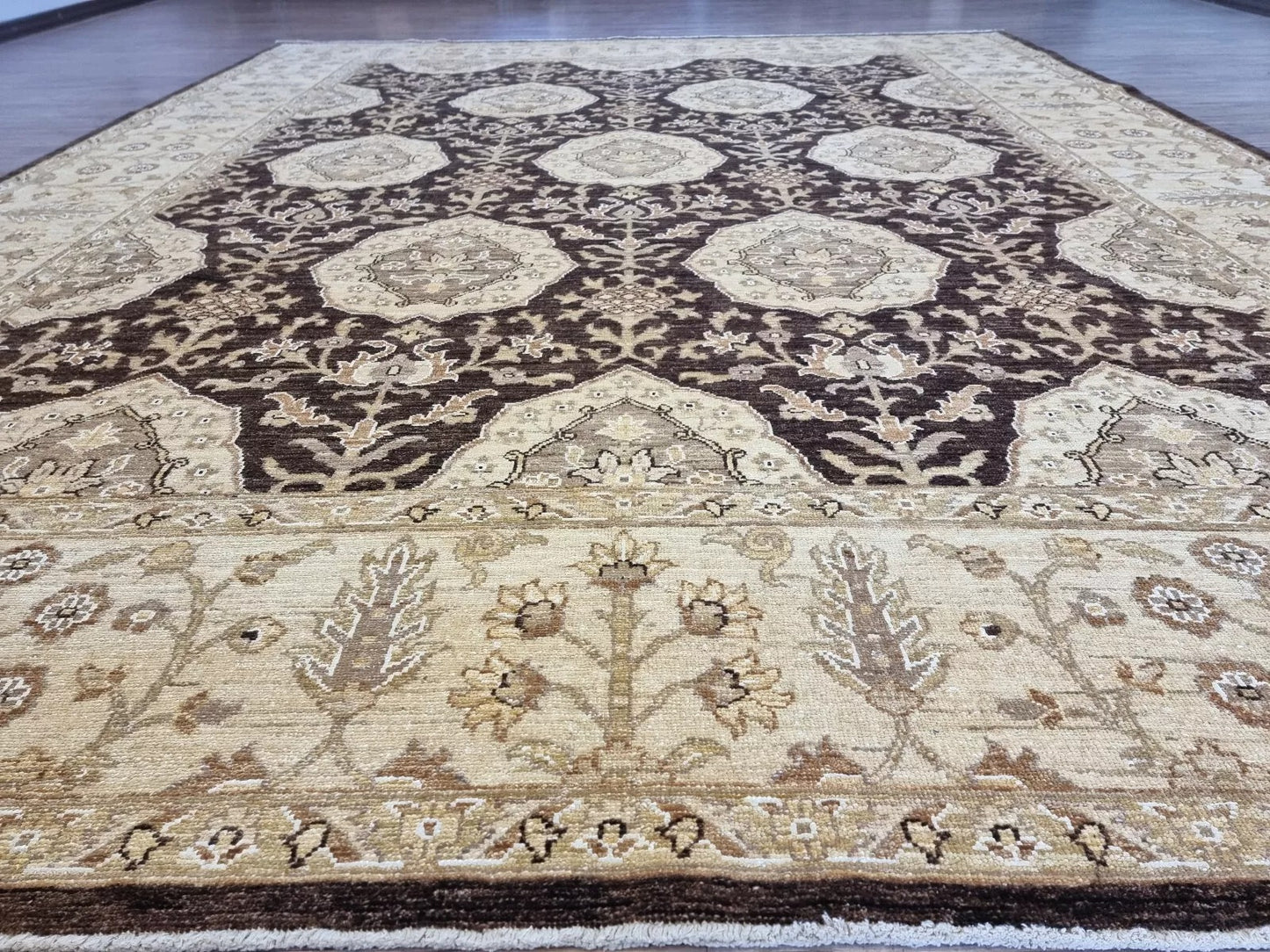 Angle shot capturing the expansive scale and luxurious presence of the rug.

