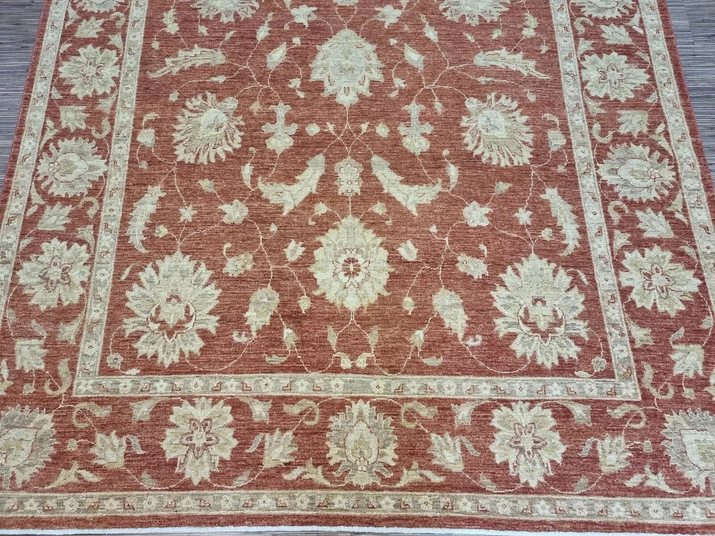 Oversized floral motifs on warm terracotta background

