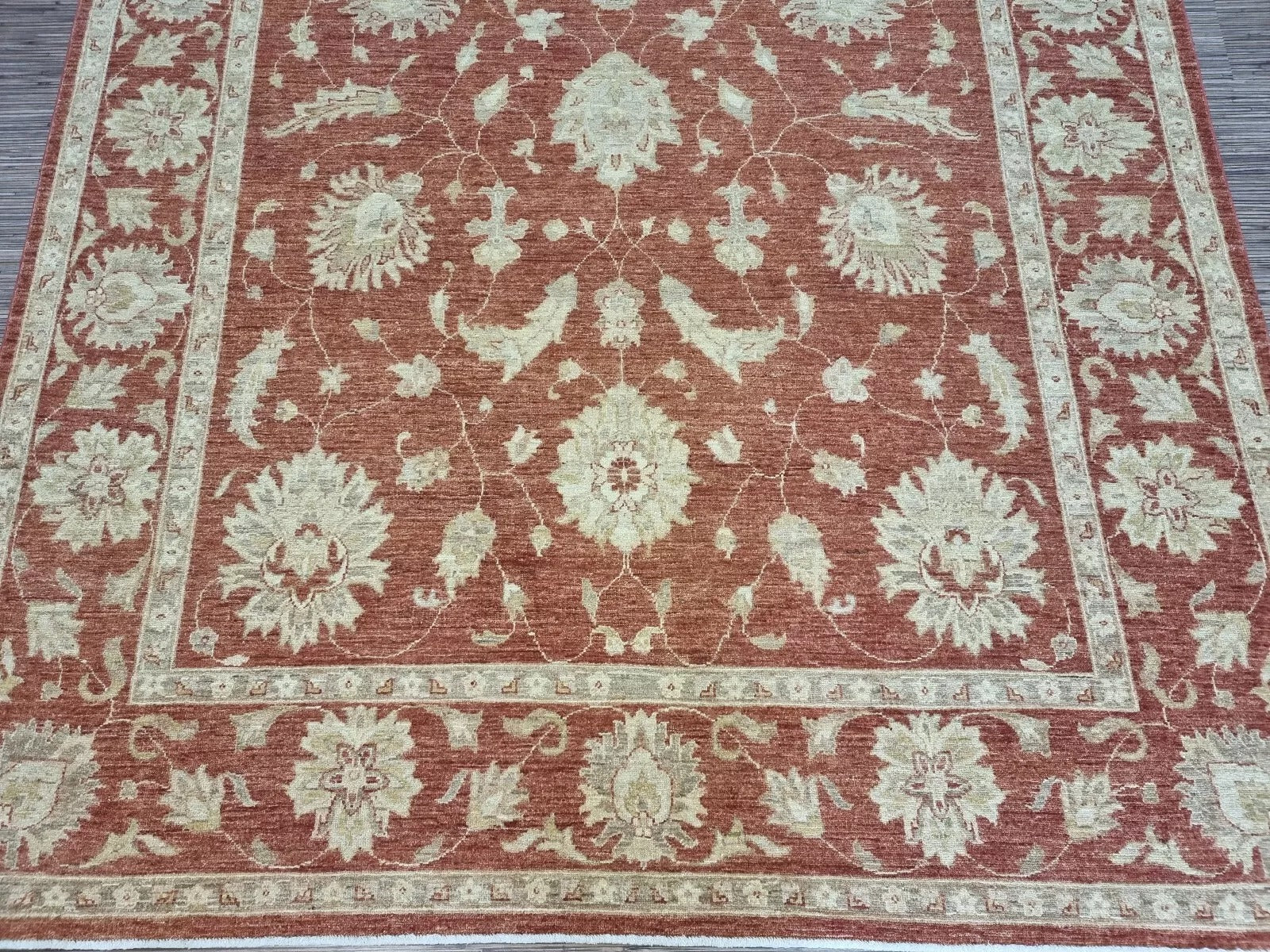 Oversized floral motifs on warm terracotta background

