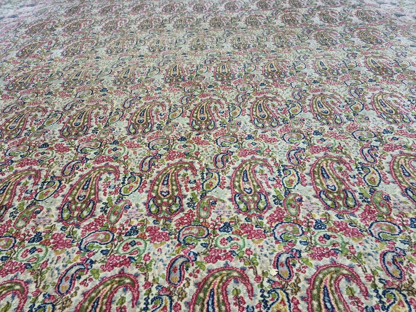 Close-up of the border detail on a 1930s Persian Kerman carpet, revealing repeated floral and vine motifs in beige and cream against a darker field.

