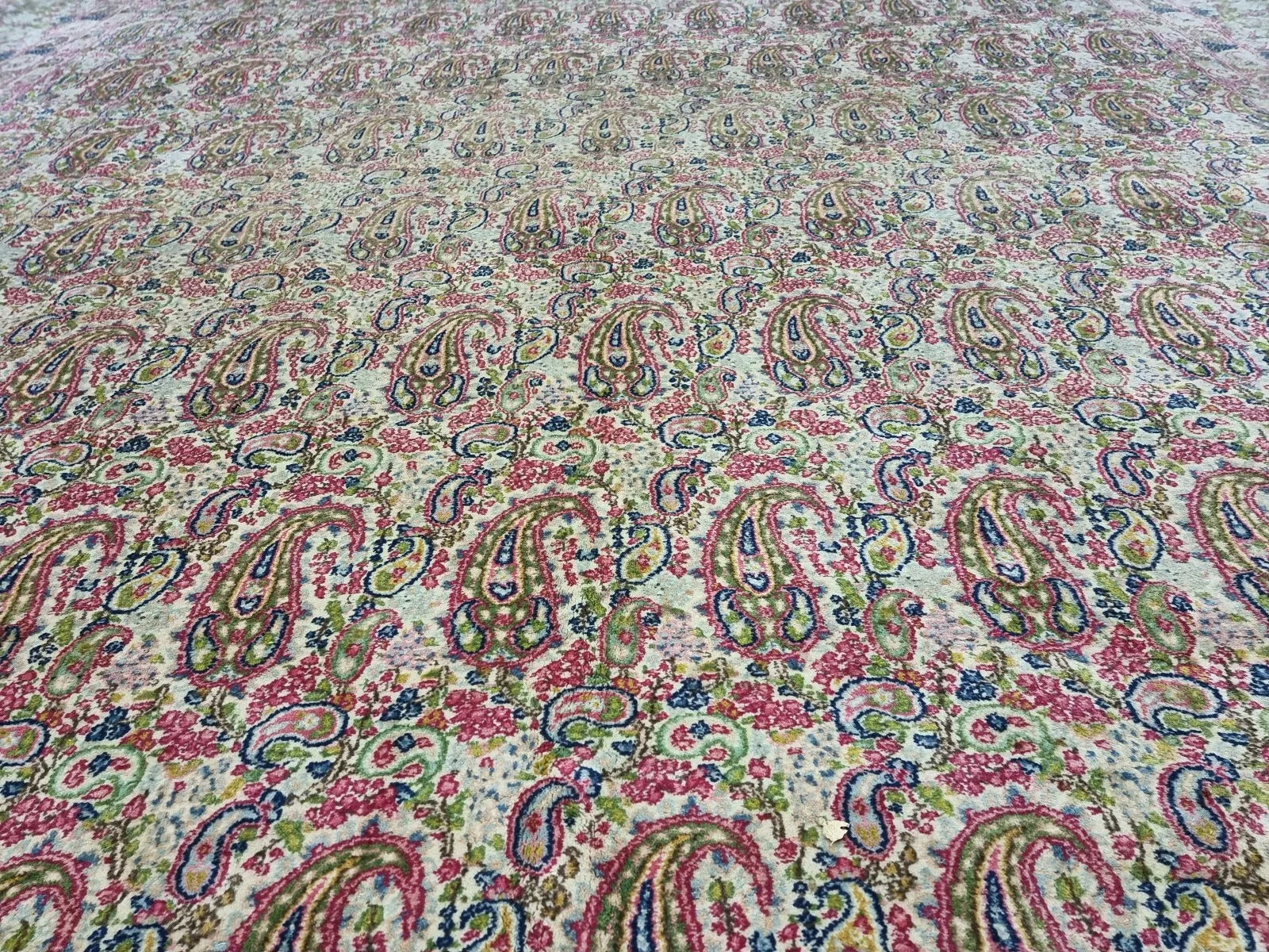 Close-up of the border detail on a 1930s Persian Kerman carpet, revealing repeated floral and vine motifs in beige and cream against a darker field.

