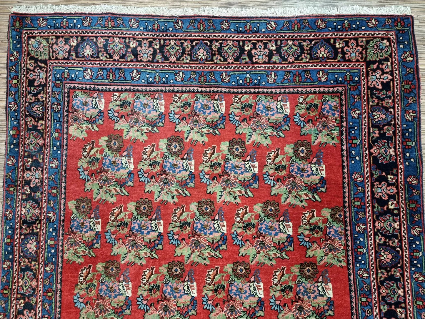 Full perspective of an antique Persian Bidjar rug displayed in an interior setting, demonstrating its versatility for living rooms, dining areas, or as a decorative focal point.

