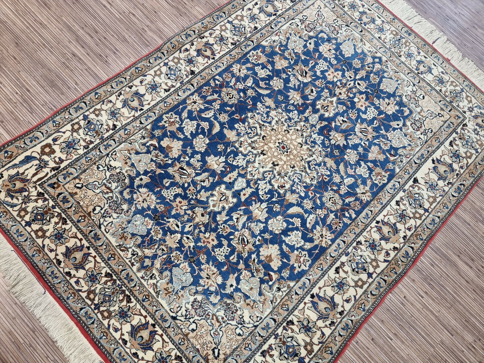 Antique Persian Nain rug measuring 3.9 × 5.4 feet, hand-knotted circa 1920s in excellent condition for its age, professionally cleaned and ready for immediate use or display.

