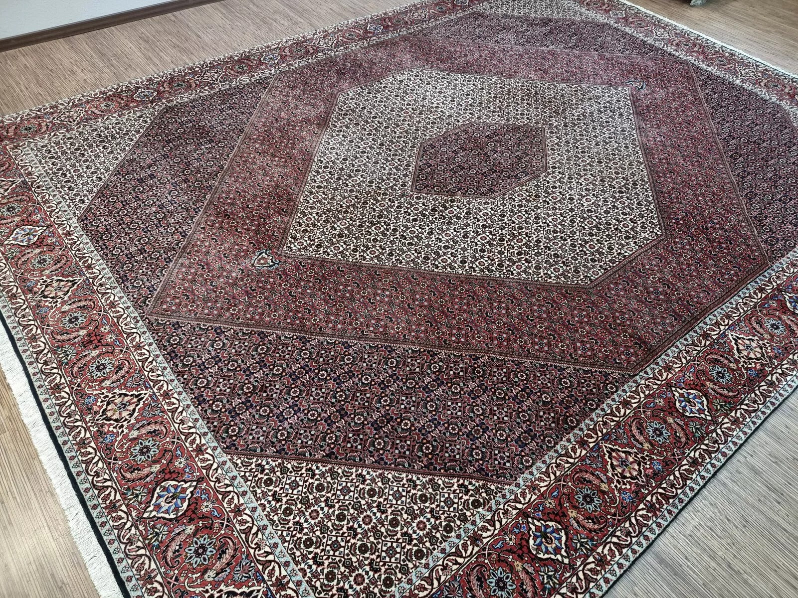 Close-up of the high-density weave on a 1970s Persian Bidjar rug, showing the dense knotting that gives Bidjar rugs their legendary resilience and durability, with a wool pile on a cotton foundation.

