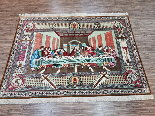 Luxurious 100% silk rug with intricate Persian-inspired design (handmade).