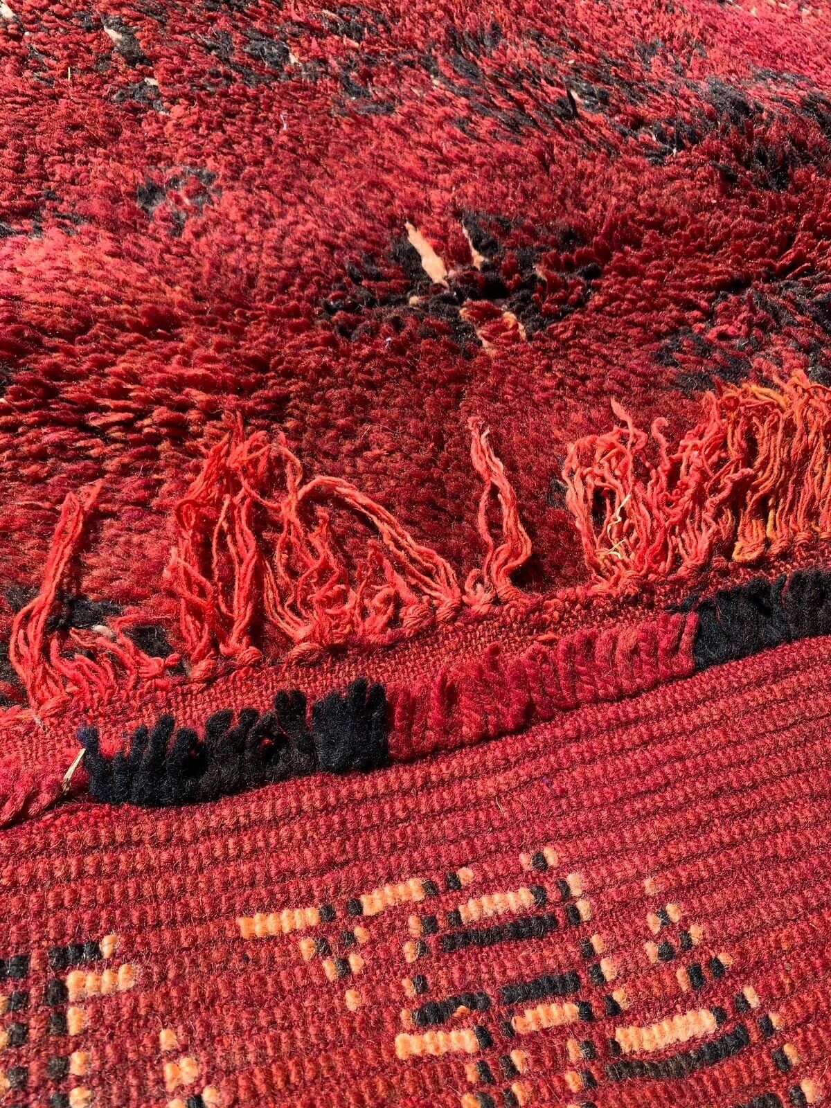 Intricate Wool Weaving on Vintage Moroccan Berber Red Rug - 6.5' x 10.8' - 1980s