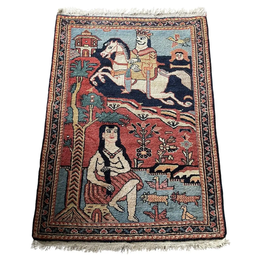 Handmade Antique Persian Lilihan Collectible Rug - 1920s - Pictorial design featuring a lady and horseman.
