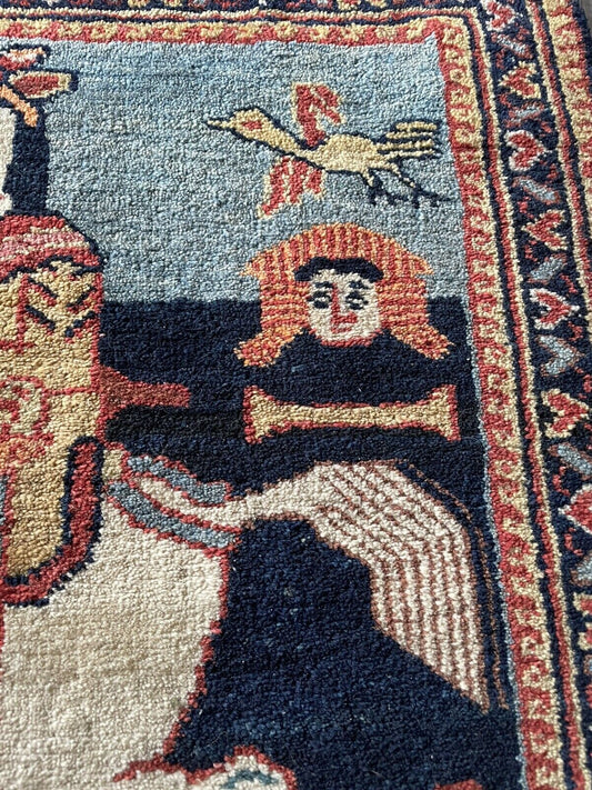 Close-up of lady and horseman design on Handmade Antique Persian Lilihan Collectible Rug - Detailed view showcasing the intricate pictorial design featuring a lady and horseman.