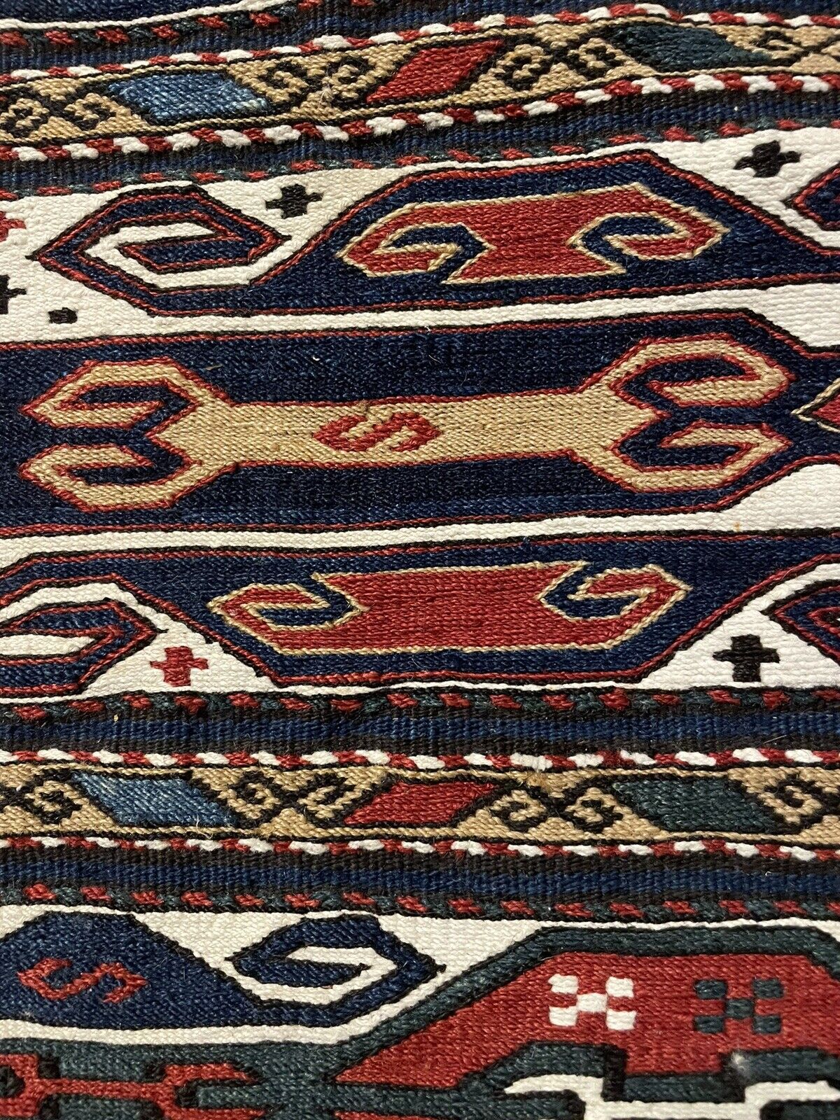 Close-up of Sumak design on Handmade Antique Persian Sumak Collectible Kilim - Detailed view showcasing the traditional Sumak design of the kilim.