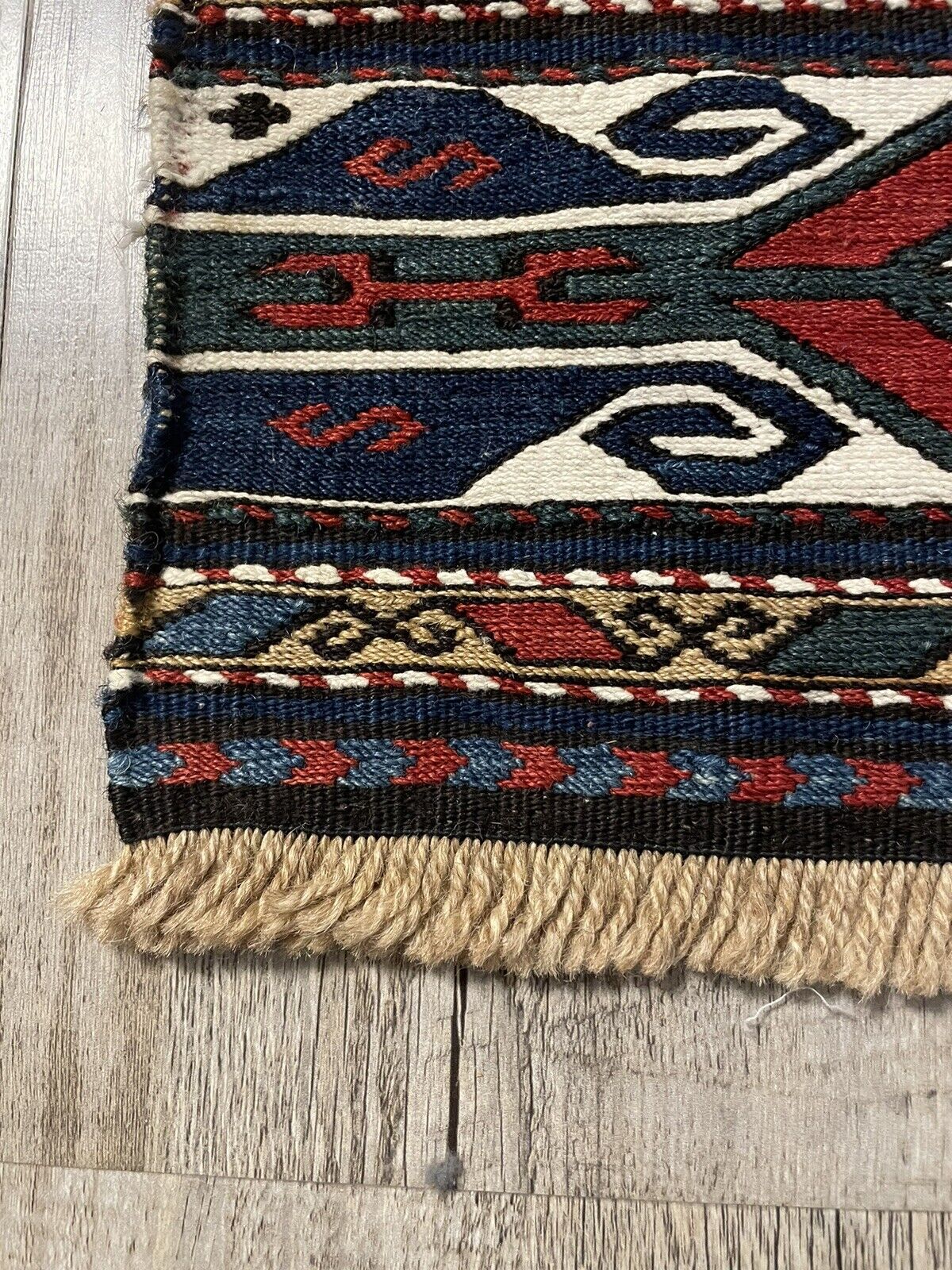Close-up of natural dyes on Handmade Antique Persian Sumak Collectible Kilim - Detailed view highlighting the use of natural dyes in the vibrant colors of the kilim.