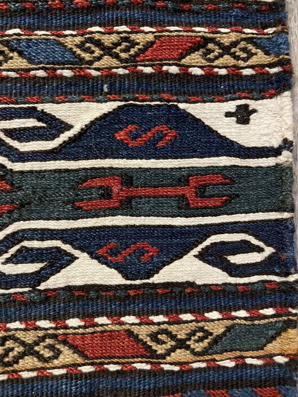Close-up of craftsmanship on Handmade Antique Persian Sumak Collectible Kilim - Detailed view showcasing the meticulous craftsmanship involved in creating the kilim.