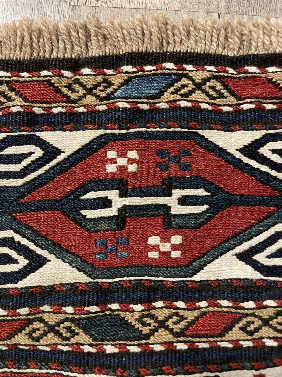 Close-up of collectible quality on Handmade Antique Persian Sumak Collectible Kilim - Detailed view highlighting the collectible quality of the kilim as a unique piece of history.