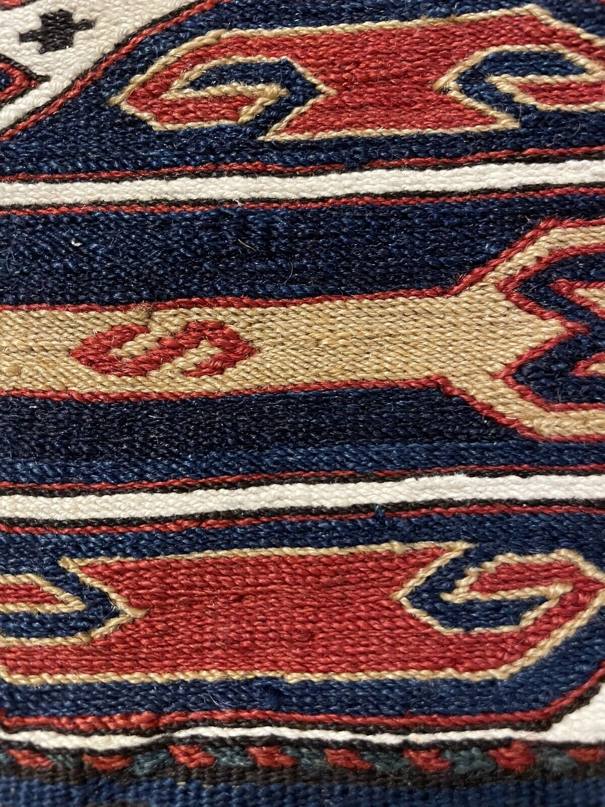 Close-up of character on Handmade Antique Persian Sumak Collectible Kilim - Detailed view showcasing the character and charm of the kilim's design.