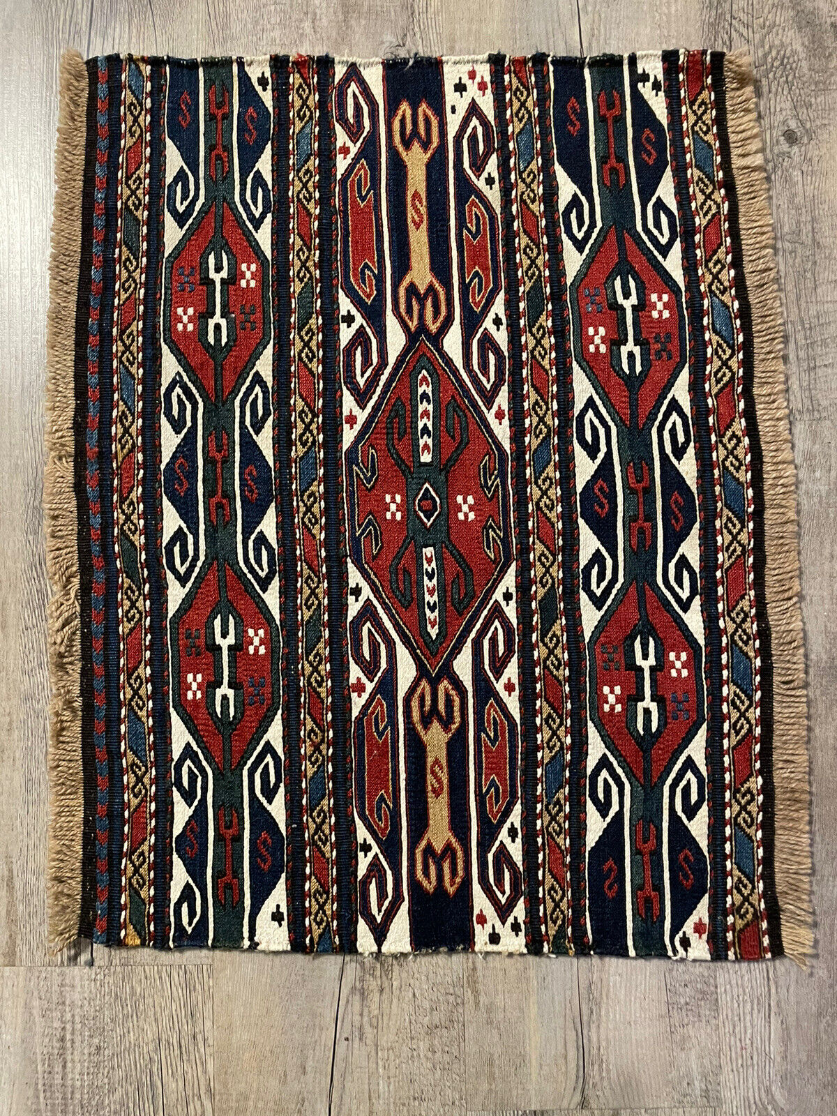 Close-up of elegance on Handmade Antique Persian Sumak Collectible Kilim - Detailed view highlighting the elegance and sophistication of the kilim's traditional Persian Sumak style.