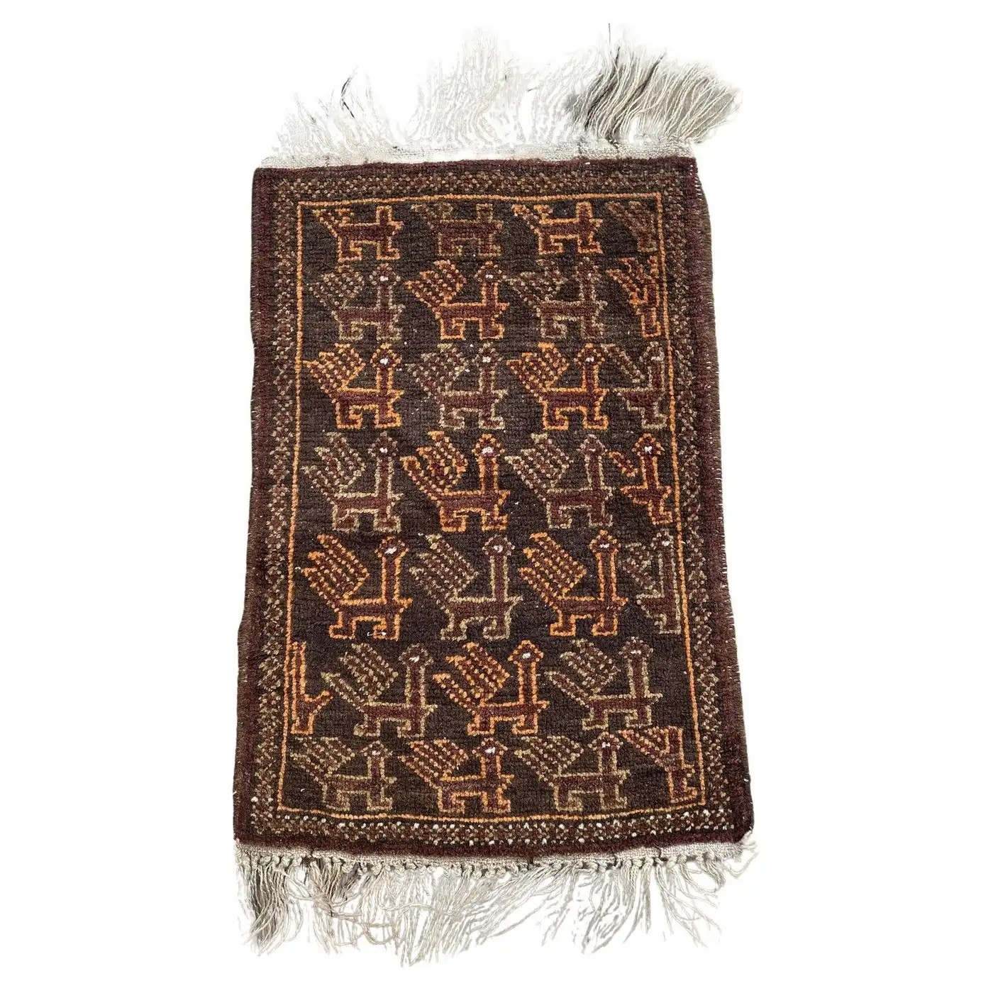 Handmade Vintage Afghan Baluch Collectible Rug - 1940s - Unique repeating animal design showcased in a small-sized rug.