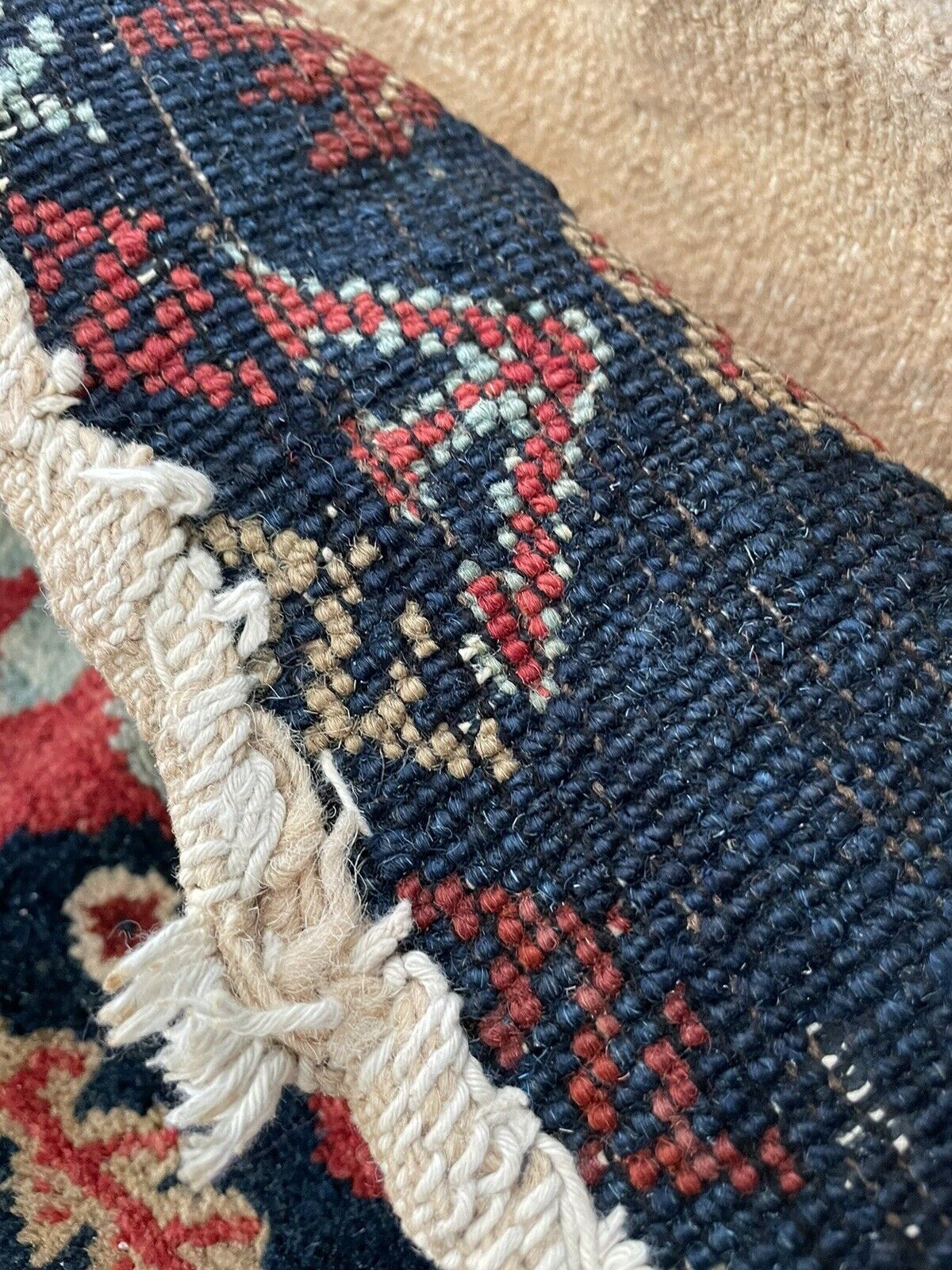 Close-up of symmetrical patterns on Handmade Vintage Persian Hamadan Salt Bag - Detailed view showcasing the symmetrical patterns that adorn the salt bag, adding to its aesthetic appeal.