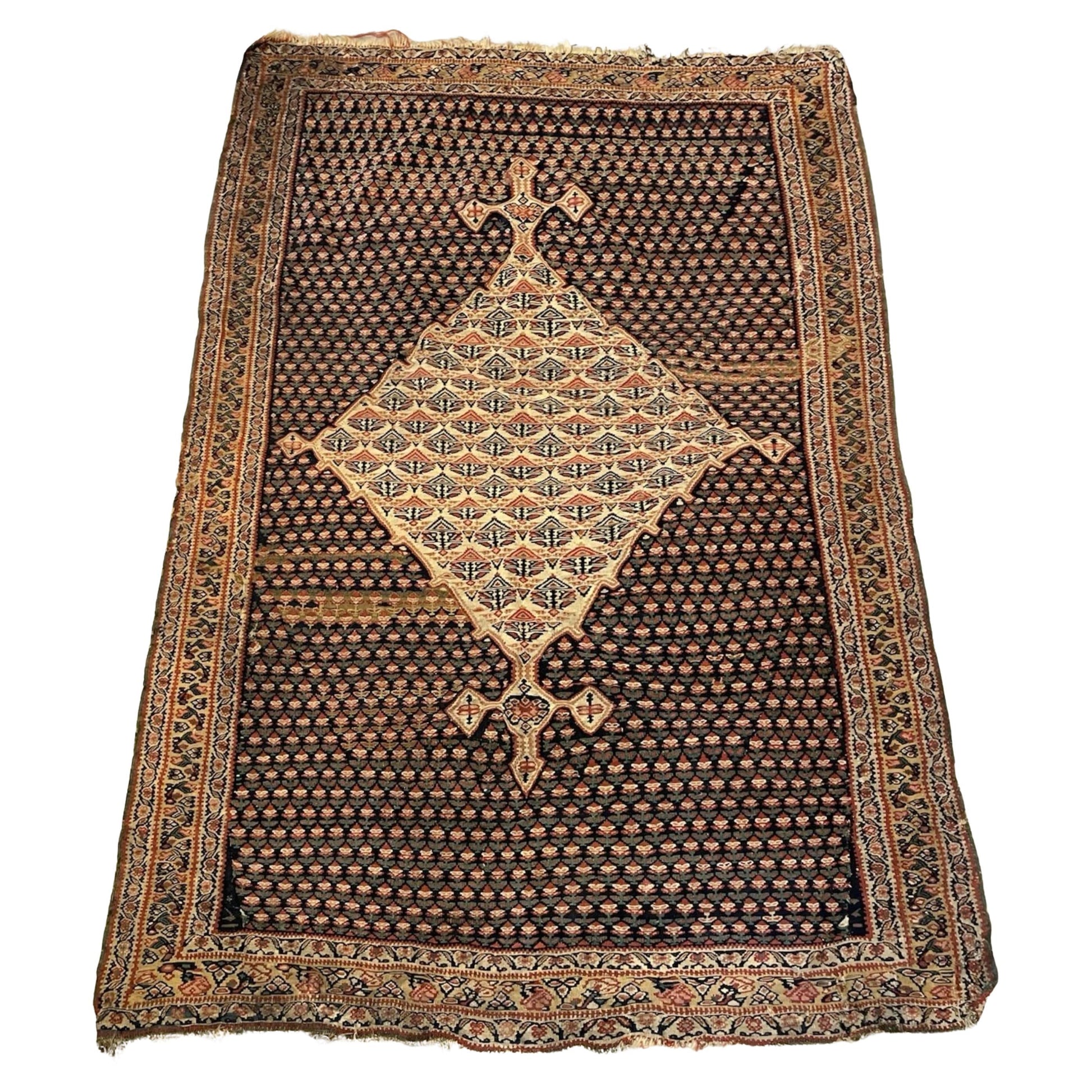 Antique Senneh rug with large diamond medallion

