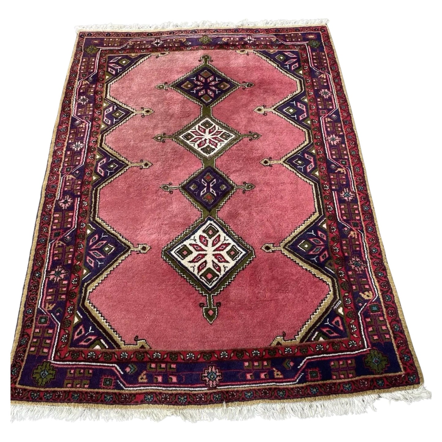 Vintage Hamadan rug with hexagonal medallions on navy field

