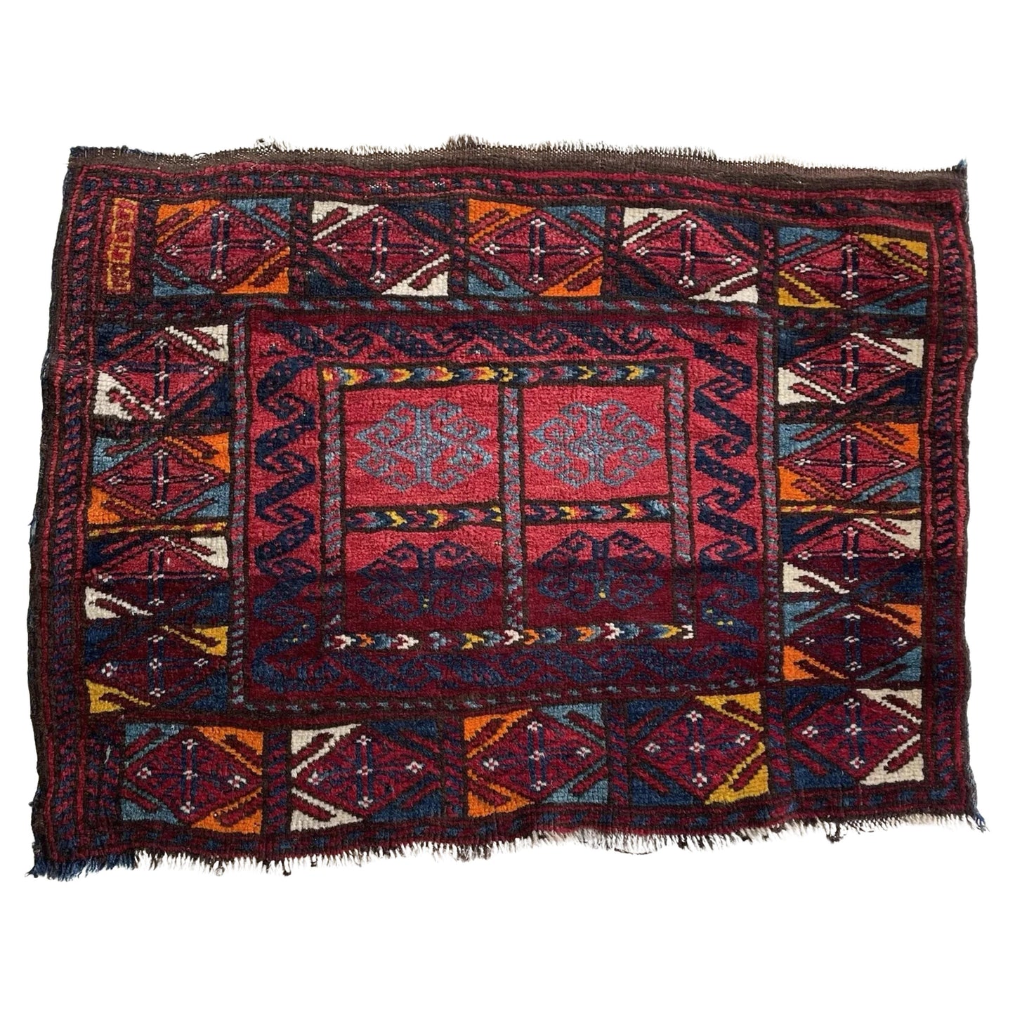 Antique Jaf bagface with tribal medallions on crimson field

