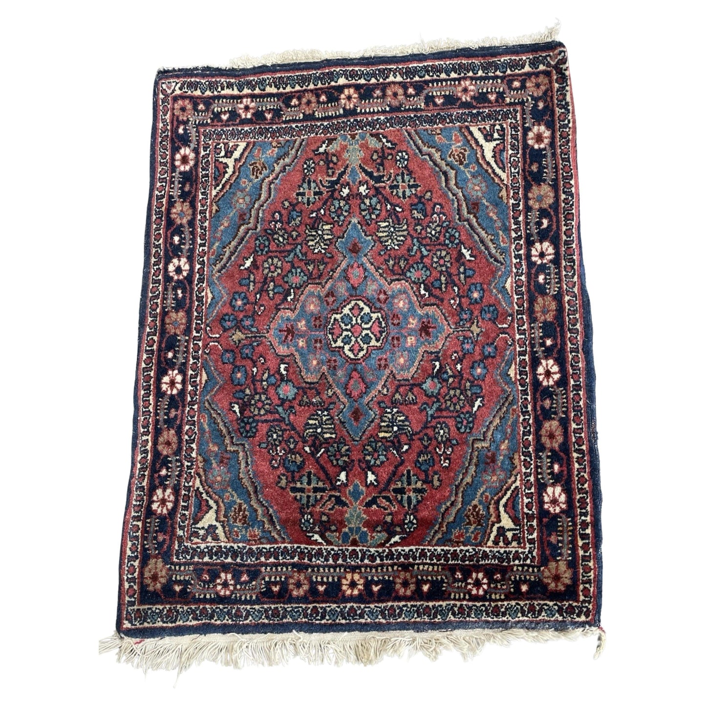 Full front view of the antique Persian Hamadan rug showing its complete geometric design.

