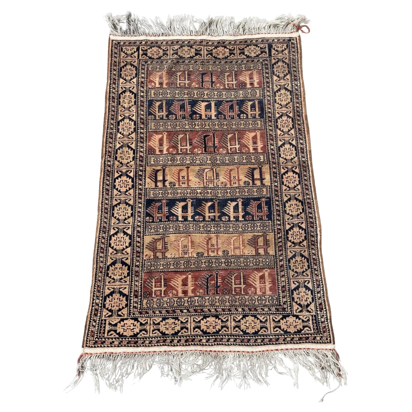 Handmade antique Afghan Baluch collectible rug from 1920s, full view showing traditional tribal geometric pattern in deep red, navy blue, and ivory