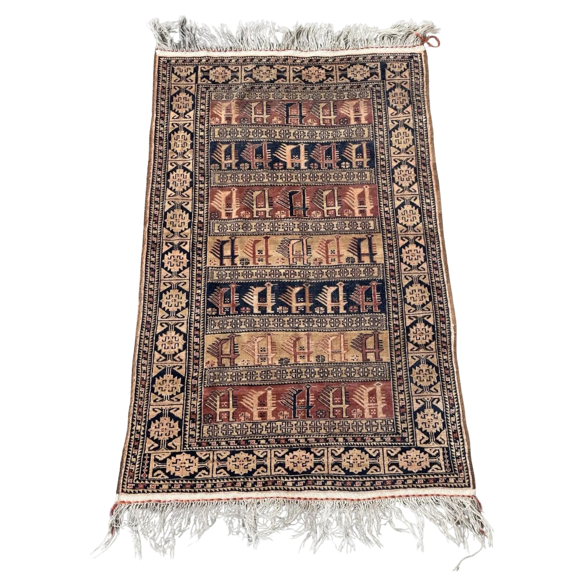 Handmade antique Afghan Baluch collectible rug from 1920s, full view showing traditional tribal geometric pattern in deep red, navy blue, and ivory