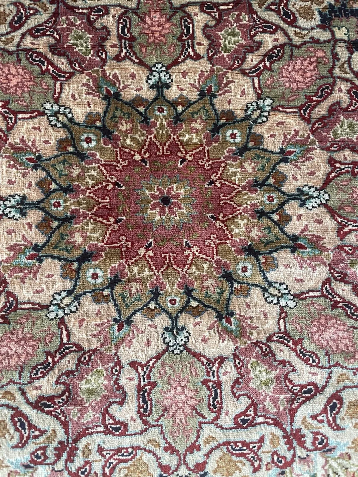 Extra fine handmade vintage Hereke silk rug in aqua blue and olive tones, showcasing high knot density and Ottoman palace style.

