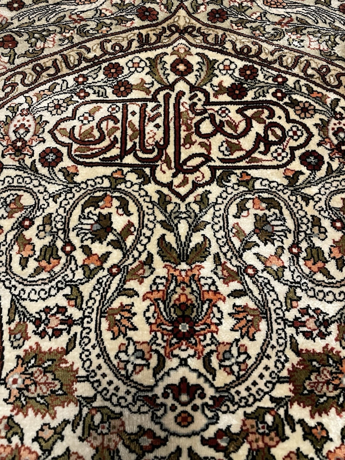 Vintage silk prayer rug from the Hereke Imperial Weaving Factory tradition, with a classic Ottoman court composition including a central lamp/vase motif suspended from the mihrab apex.

