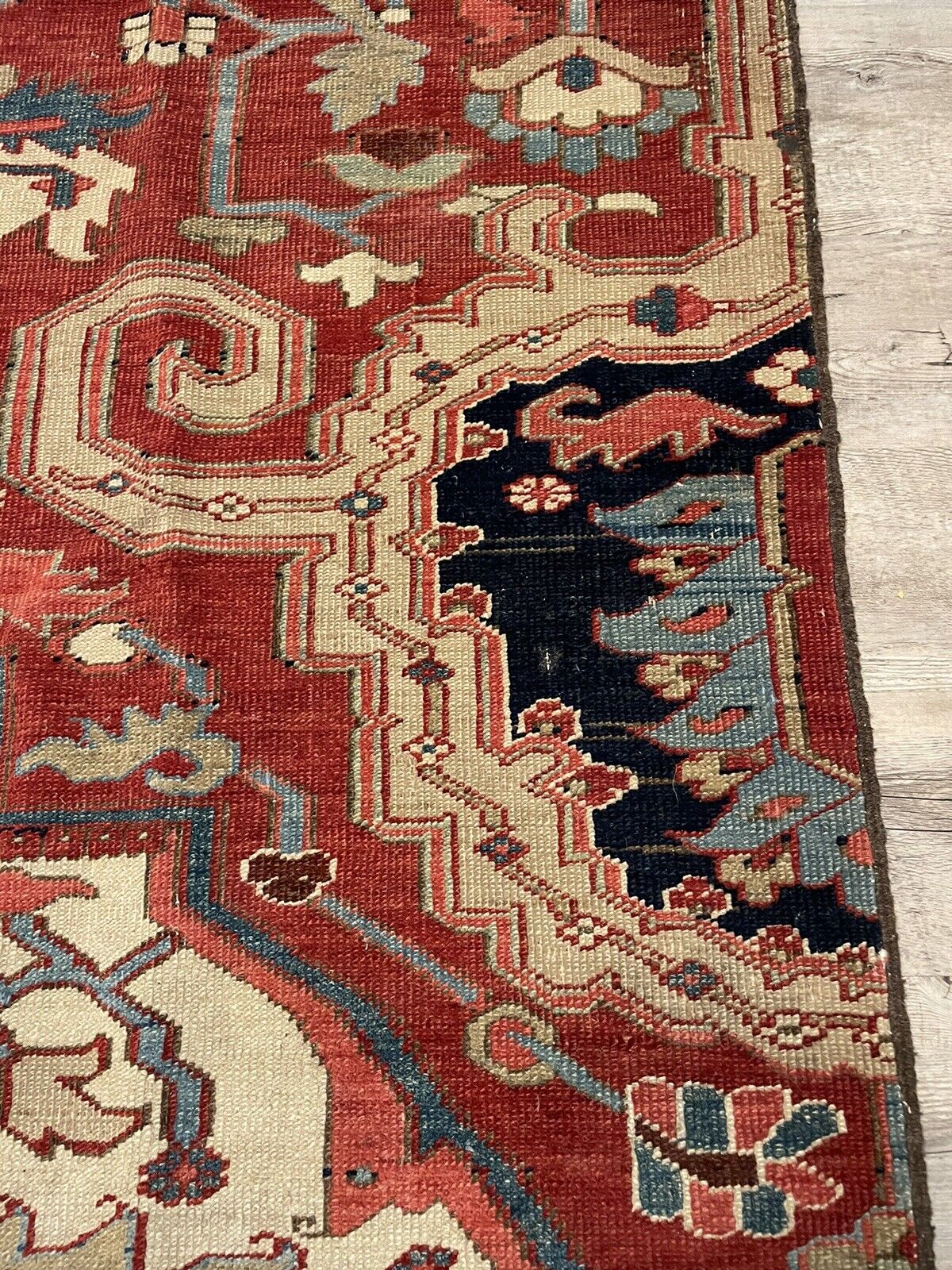 A wide shot of the entire handmade antique Persian Heriz Vagireh rug (1880s), showcasing its full dimensions (5.9' x 6.1') and the overall arrangement of geometric and floral designs.