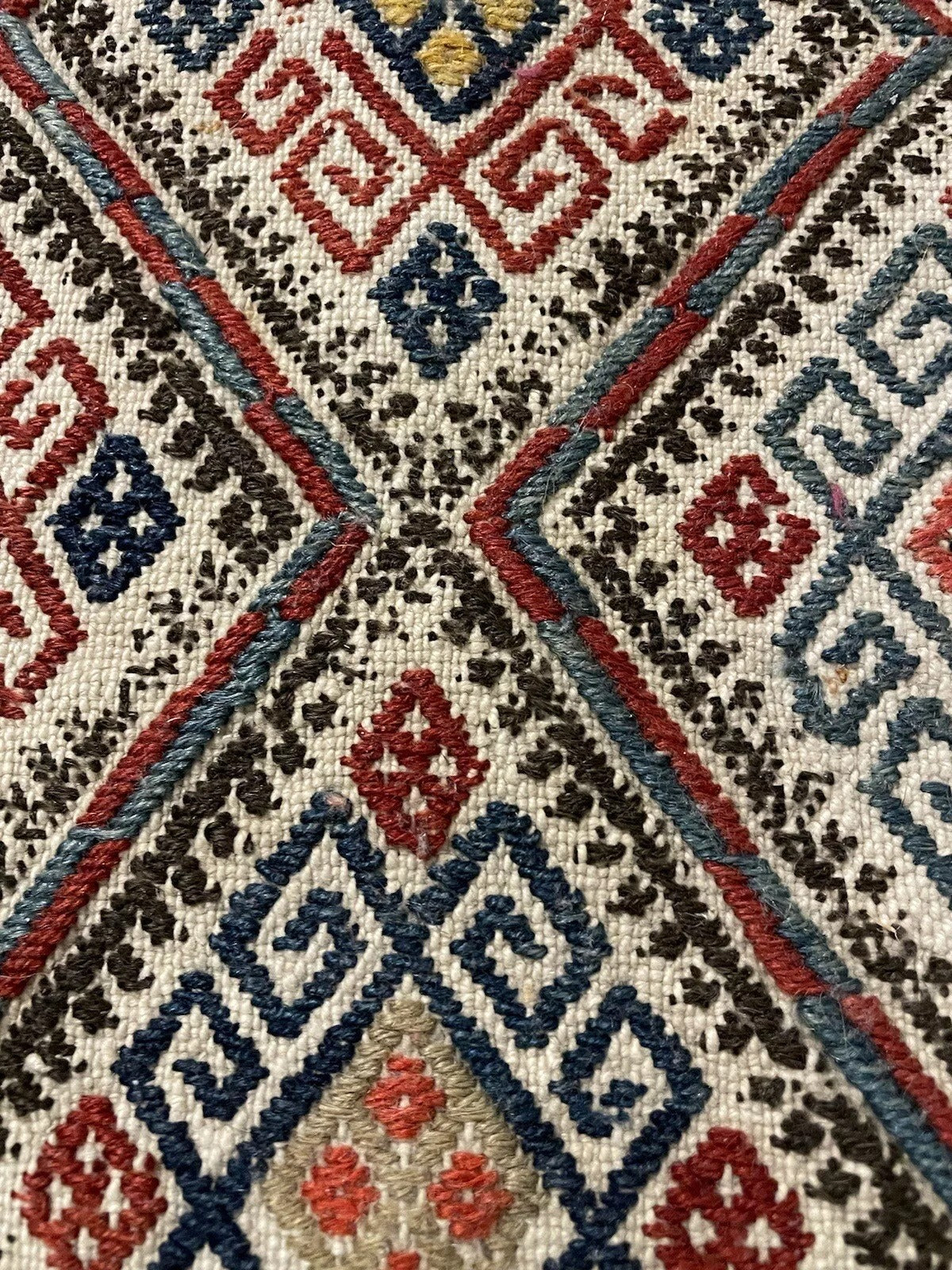 Close-up of Persian Sumak bag’s intricate geometric motifs

