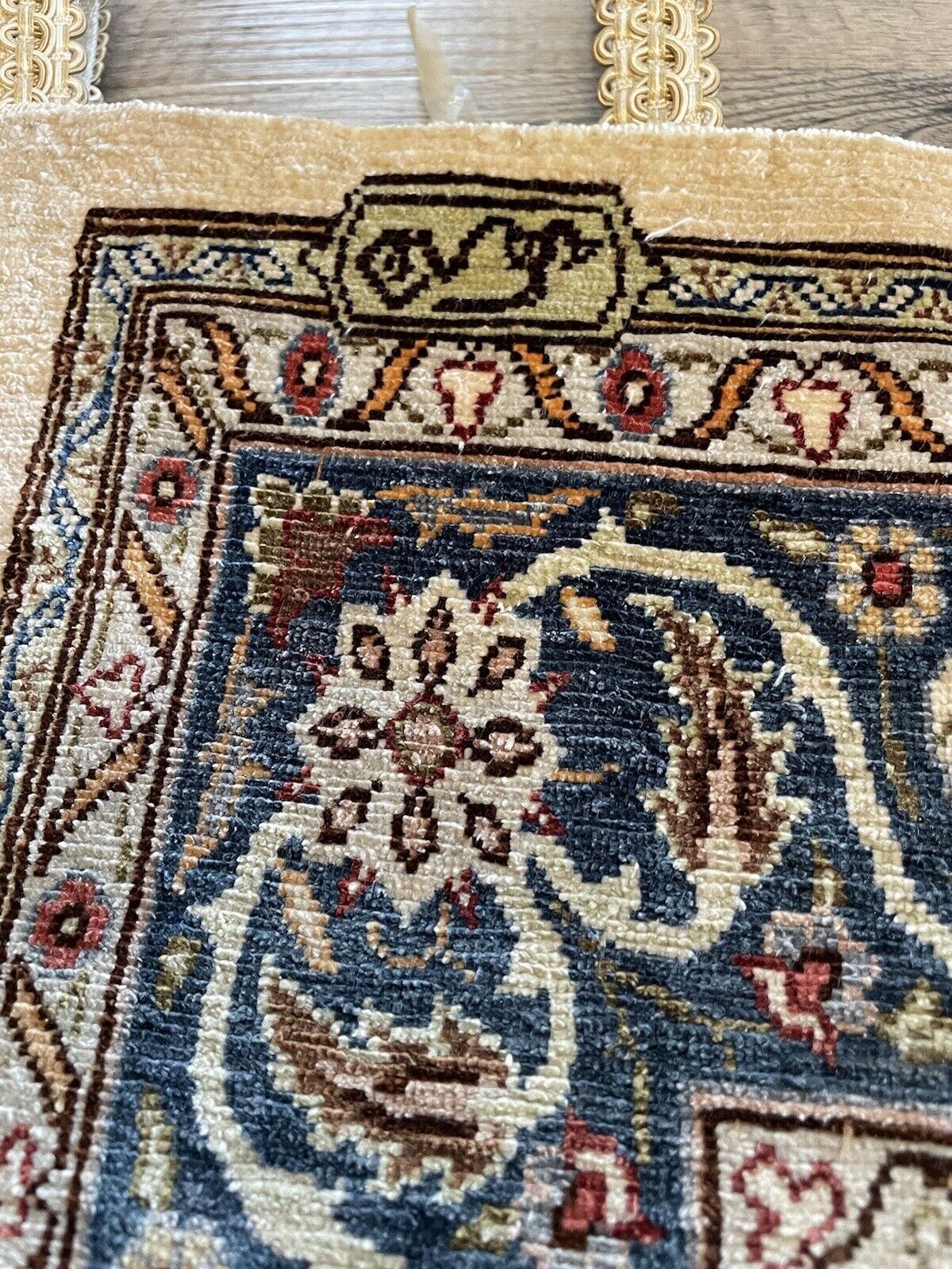 Hand-knotted silk prayer rug from Hereke, Turkey

