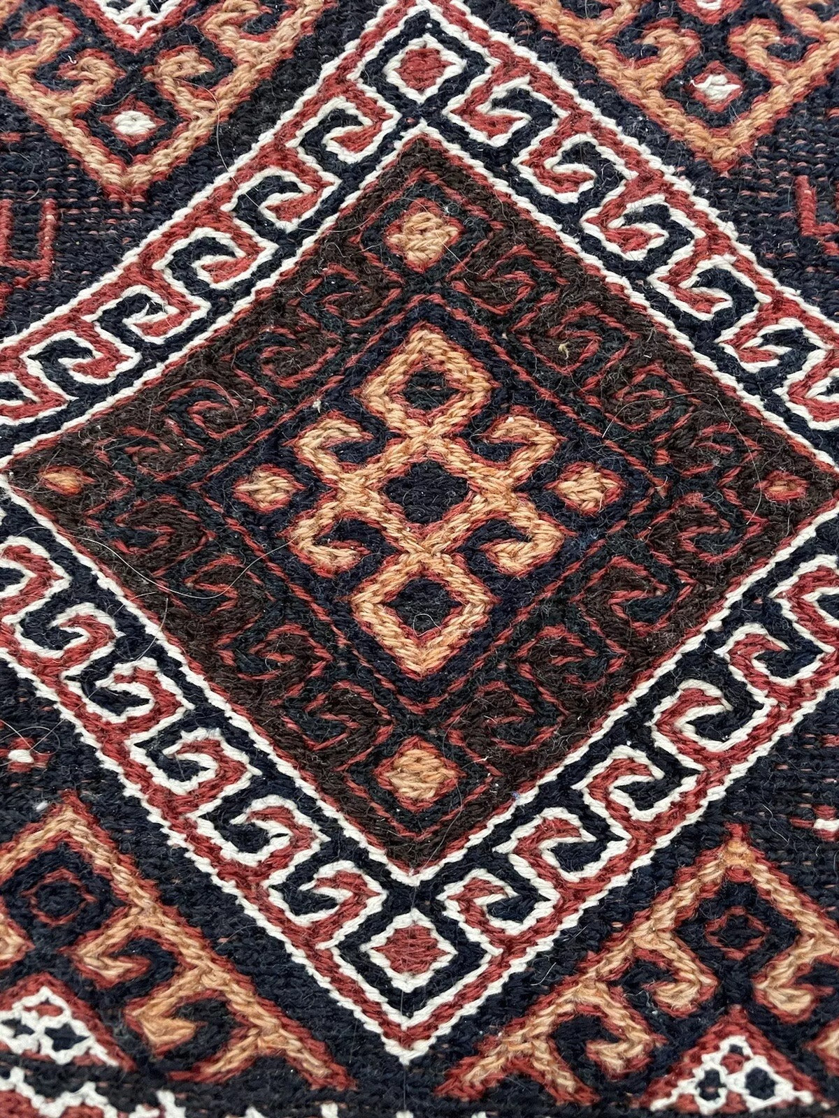 Geometric motifs on a vintage Persian wool salt bag
