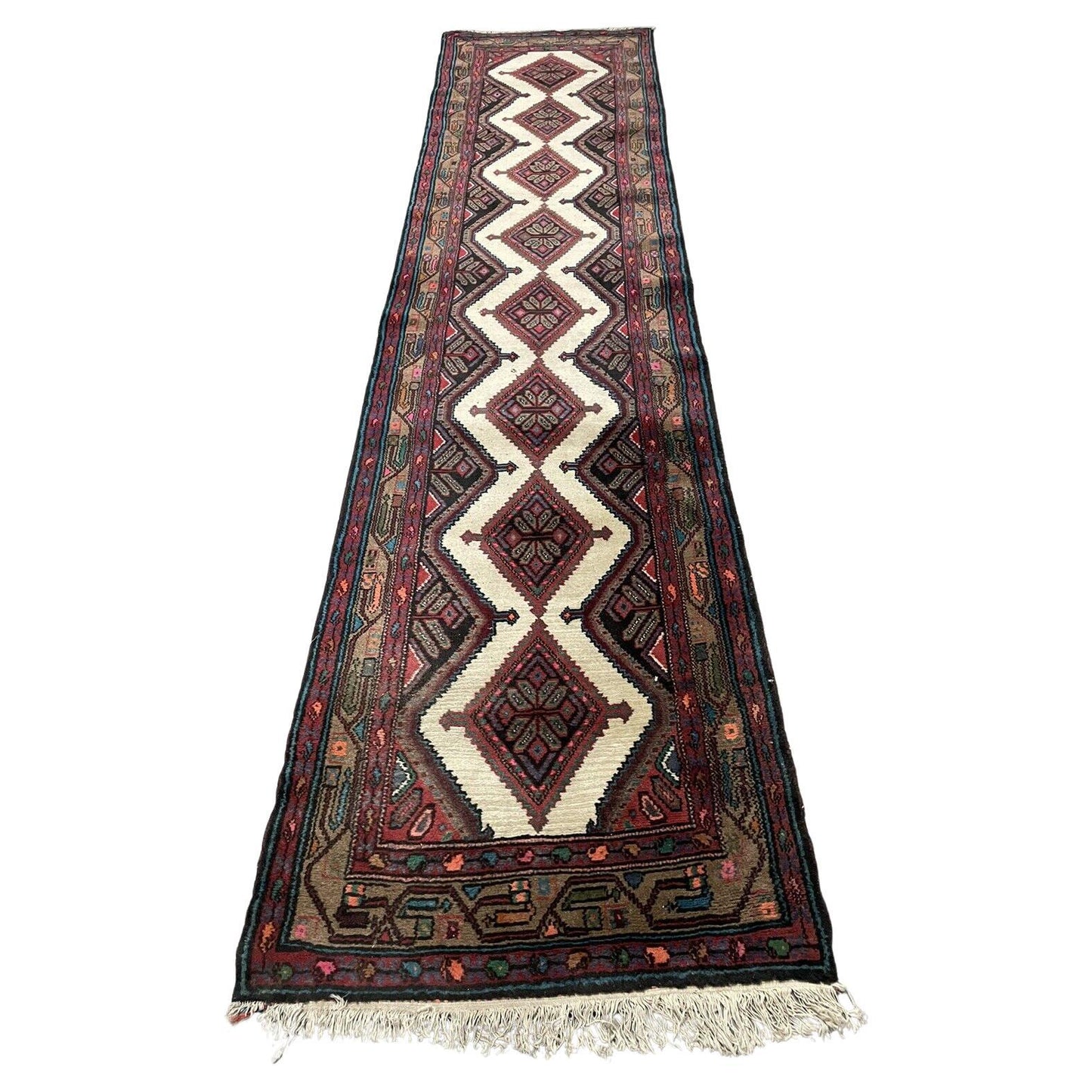 Handmade vintage Hamadan runner rug with geometric diamond patterns
