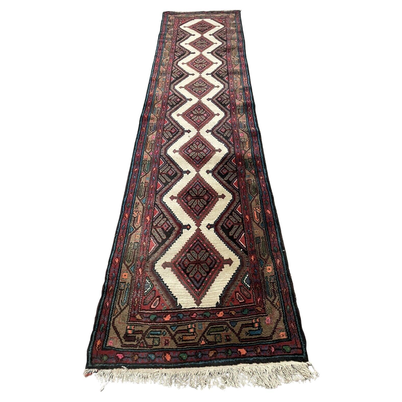 Handmade vintage Hamadan runner rug with geometric diamond patterns
