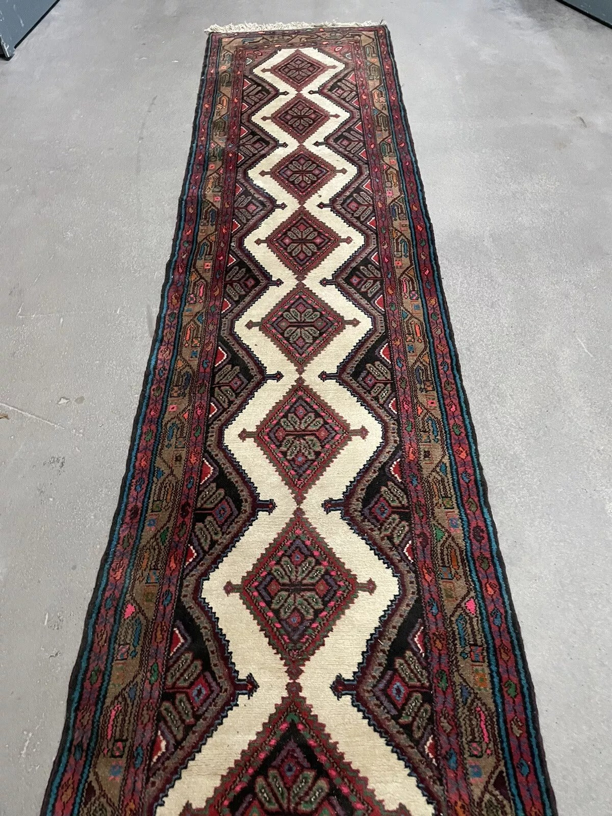 Hand-knotted wool runner with traditional Hamadan geometric design
