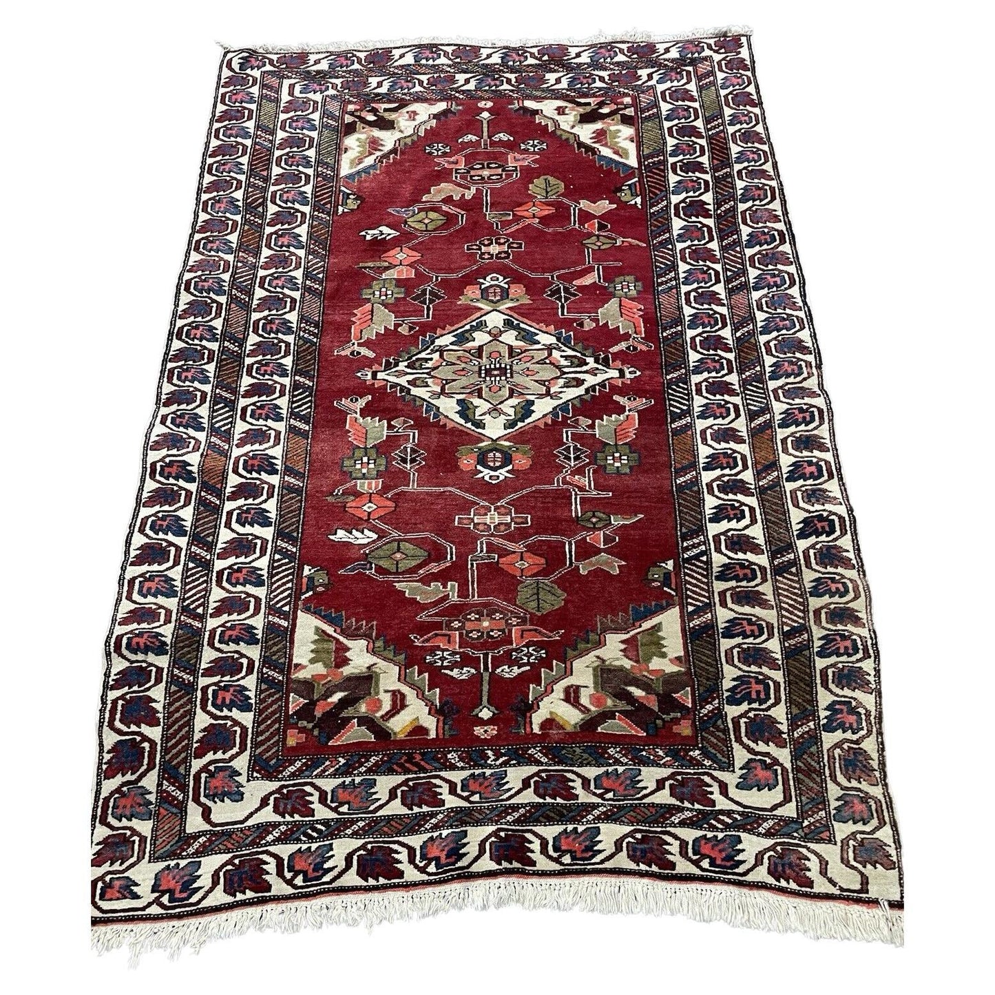 Handmade vintage Persian Hamadan rug with red field and floral motifs.

