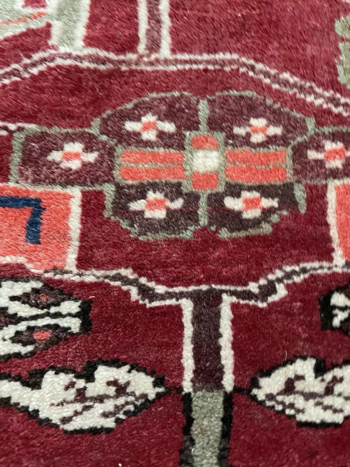 Close-up of intricate geometric patterns on Persian Hamadan rug.

