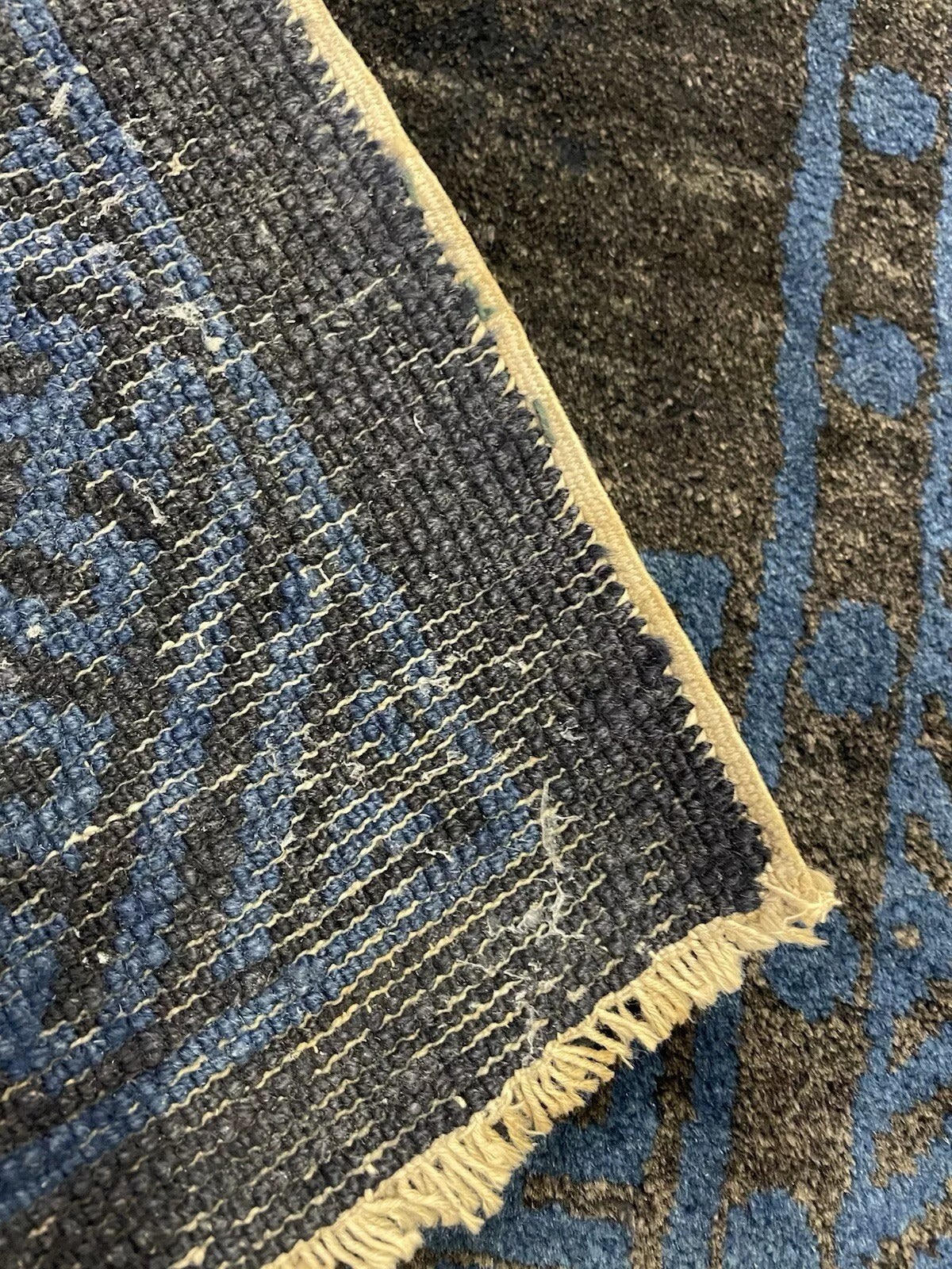 Close-up of intricate border design on antique Chinese wool rug.

