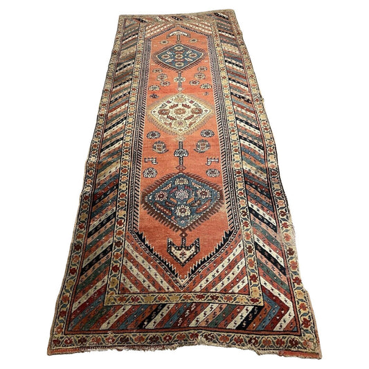 Antique Persian Kurdish rug 1870s with terracotta and indigo medallions

