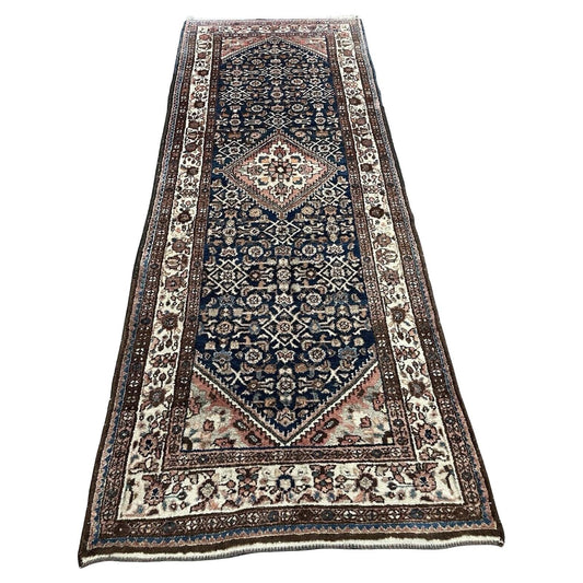 Antique Persian Hamadan runner rug with indigo and red tribal design

