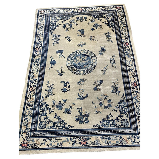 Antique Chinese Feti rug with floral and fretwork pattern

