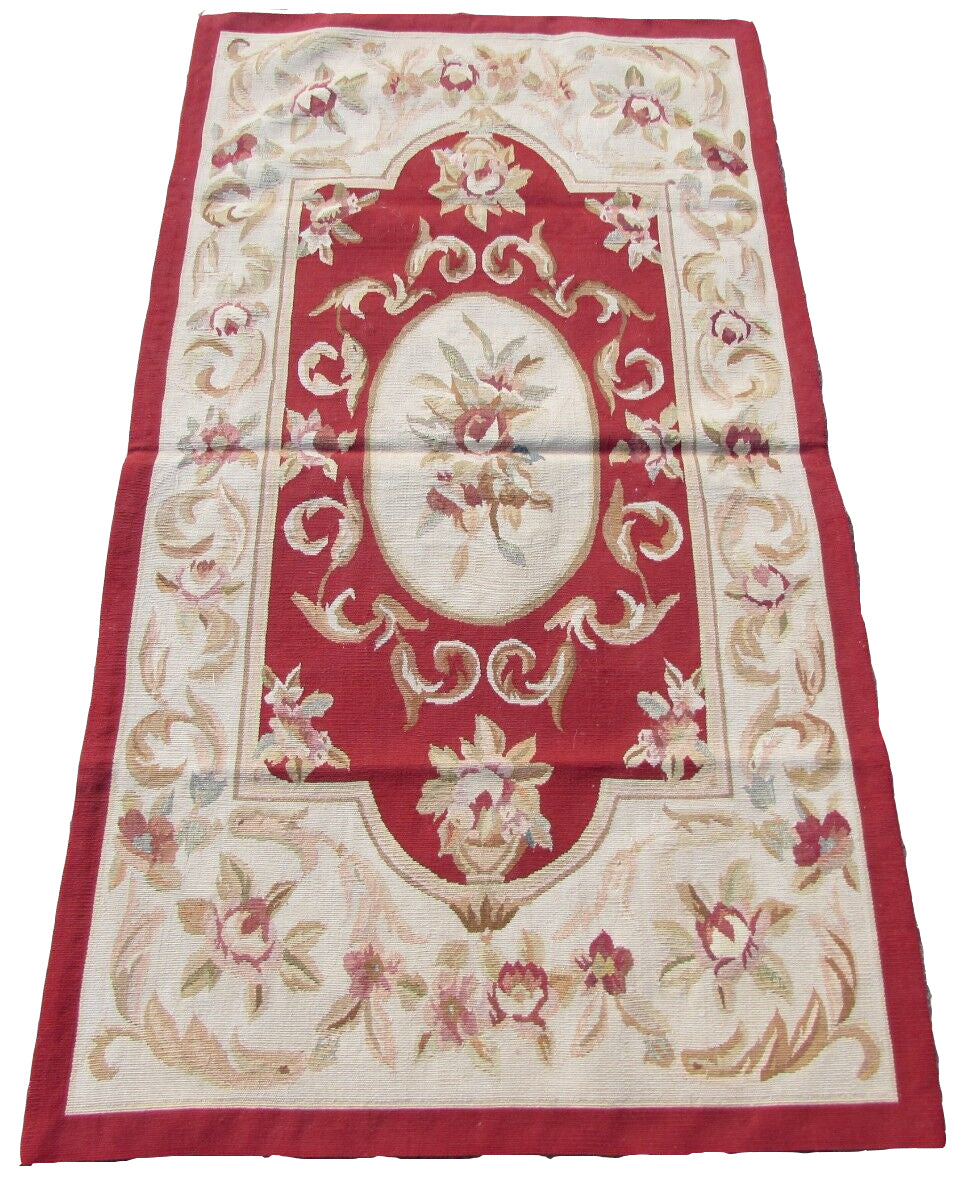 Vintage French Aubusson wool rug in beige, burgundy, brown, and olive