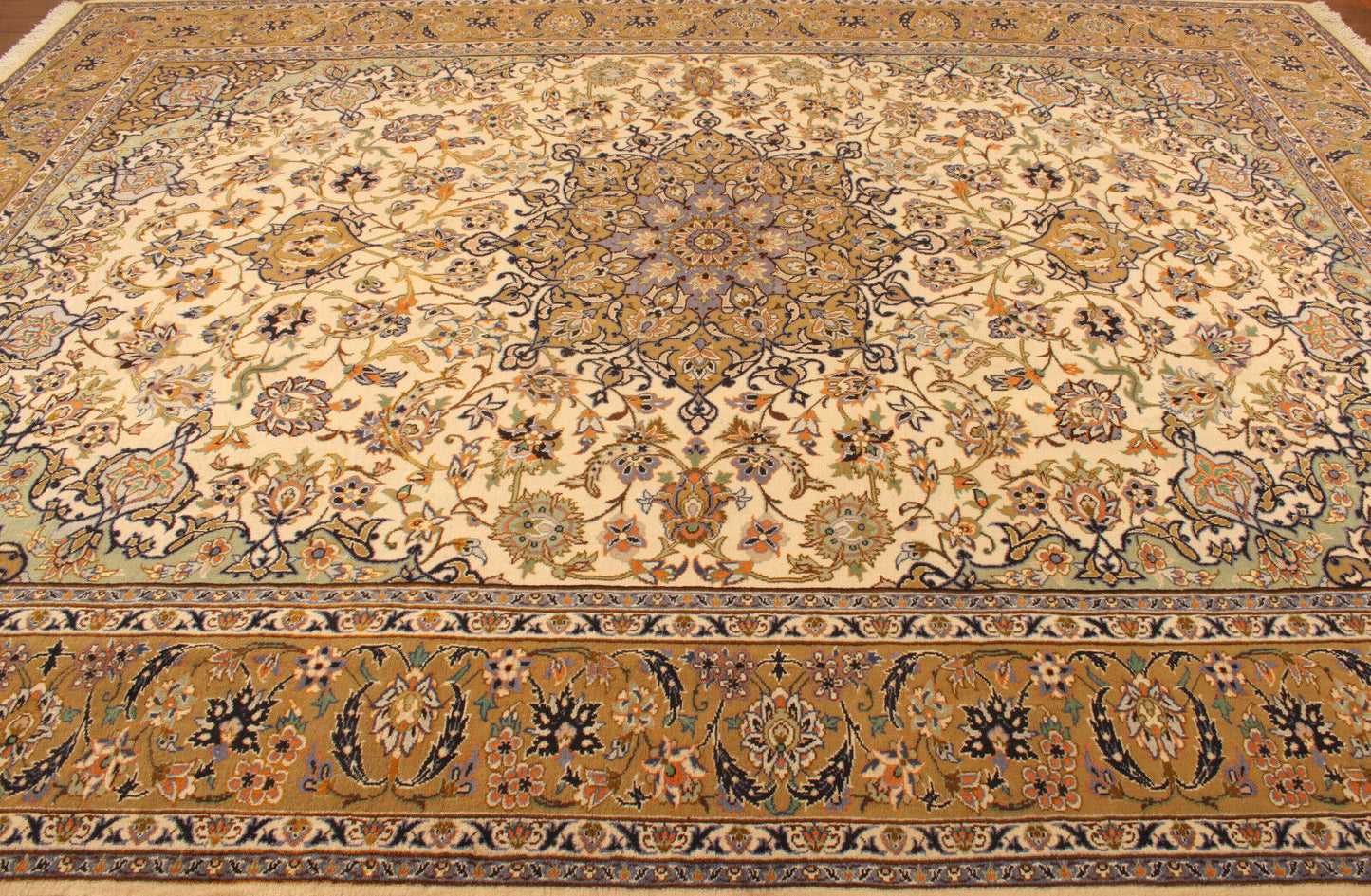 Angled shot of the Handmade Contemporary Persian Isfahan Rug complementing furniture