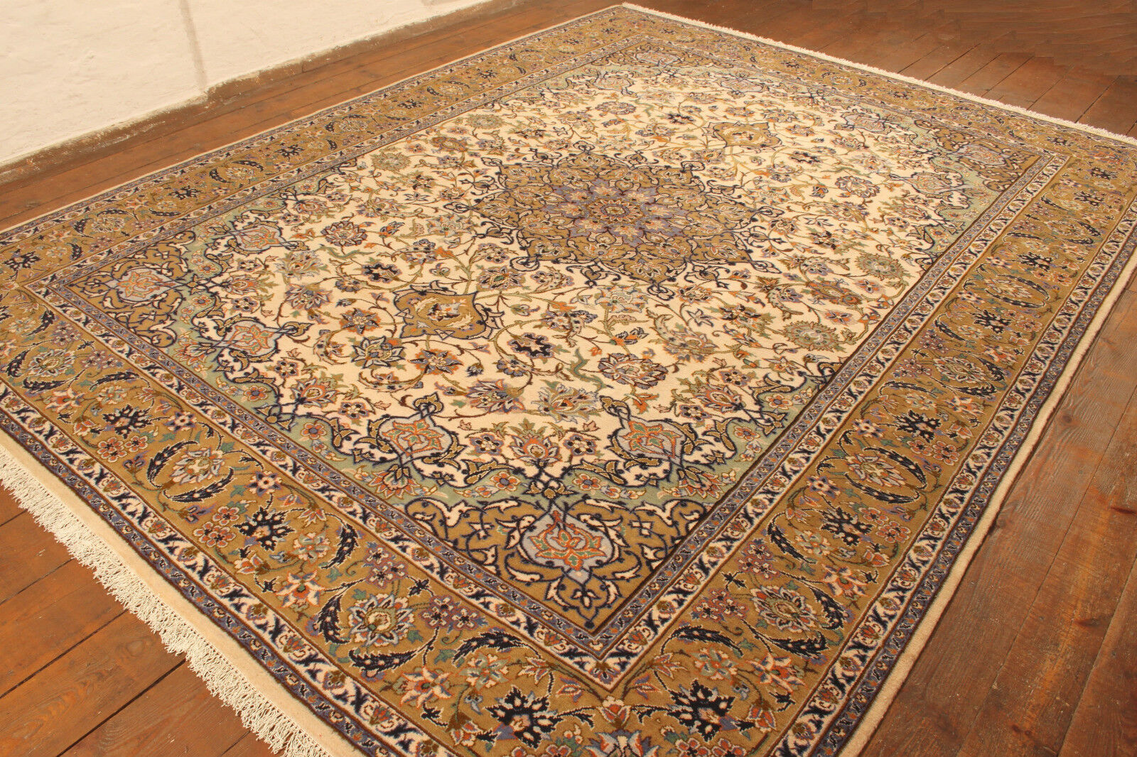 Artistic display of the Handmade Contemporary Persian Isfahan Rug as a room centerpiece