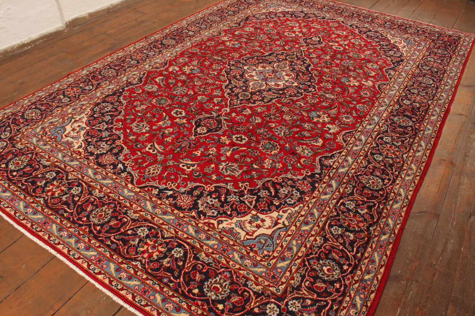 Overhead shot of the Handmade Vintage Persian Style Kashan Rug displaying size and dimensions