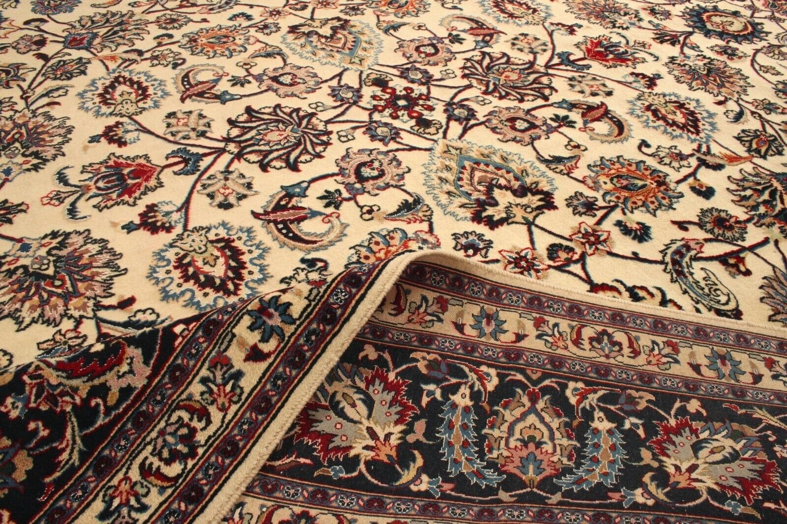 Side angle shot of the Handmade Contemporary Persian Style Tabriz Rug showcasing size and scale